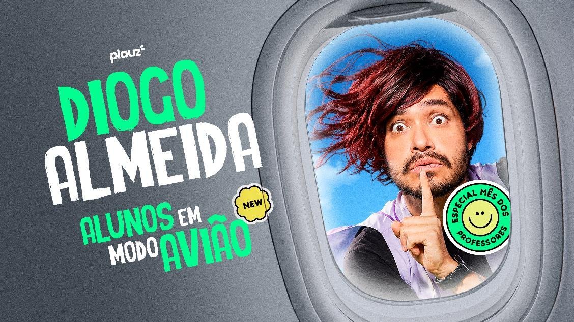 Cartaz do espetáculo Alunos em Modo Avião, com Diogo Almeida de peruca vermelha na janela de um avião
