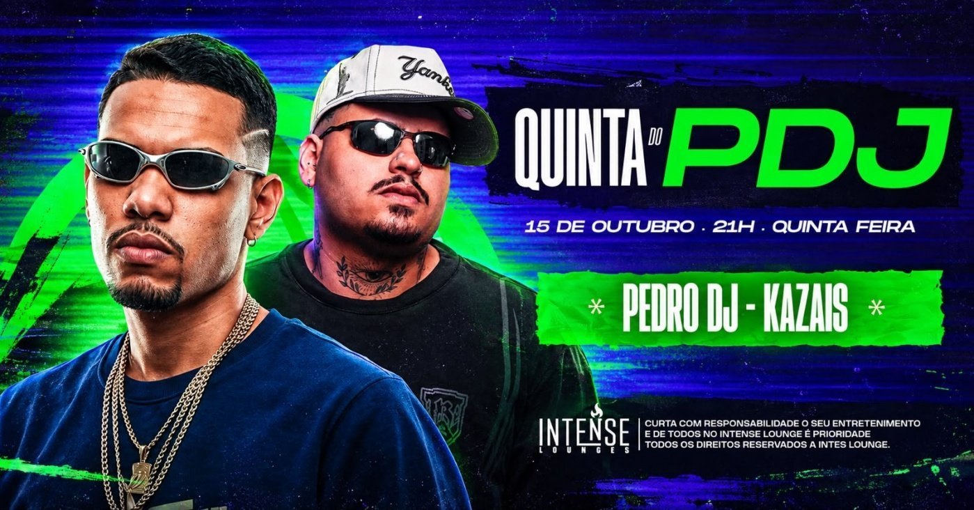 Cartaz da Quinta do PDJ com dois homens de óculos escuros e o texto 15 de outubro, 21h, quinta-feira