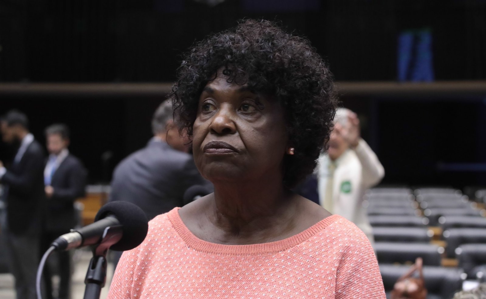 A deputada Benedita da Silva (PT-RJ), relatora do acordo, diante de um microfone no Plenário da Câmara; foto de arquivo de 2024
