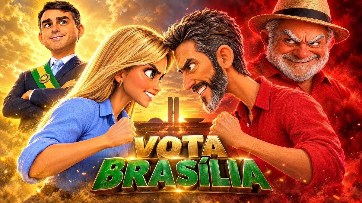 Arte do jogo Vota Brasília com caricaturas de Celina Leão e Leandro Grass frente a frente, com Lula e Flávio Bolsonaro ao fundo