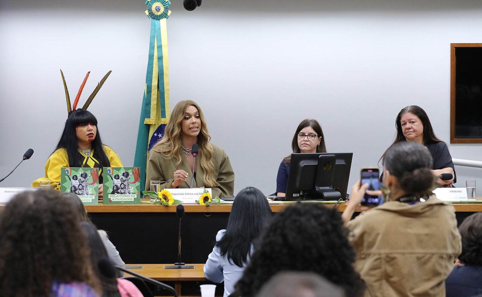 Reunião da Comissão de Defesa dos Direitos da Mulher da Câmara dos Deputados, com parlamentares à mesa