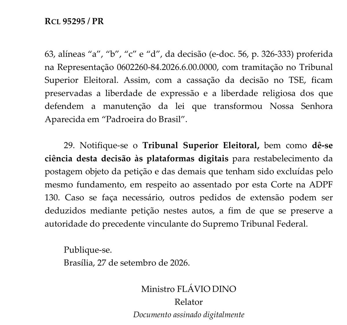 Trecho final da decisão da Reclamação 95.295, com a ordem de notificar o TSE e dar ciência às plataformas