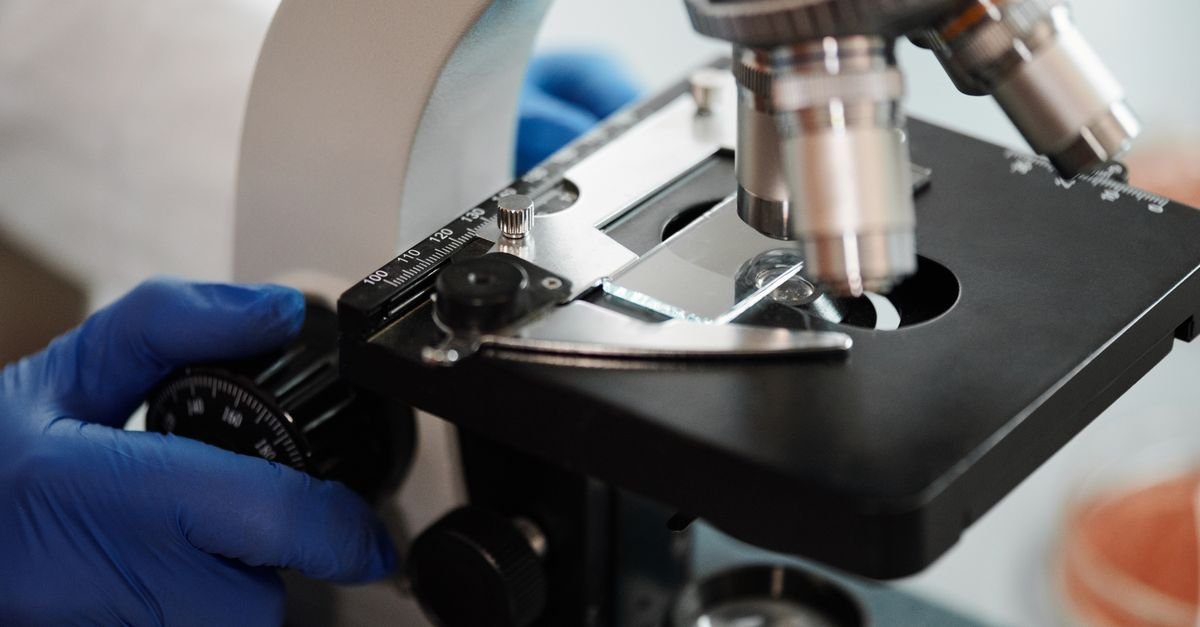 Mão com luva azul ajusta lâmina em microscópio de laboratório