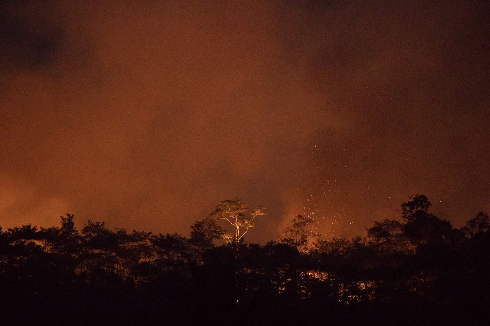 Fogo e fumaça sobre a mata durante a noite, em Apuí, no Amazonas