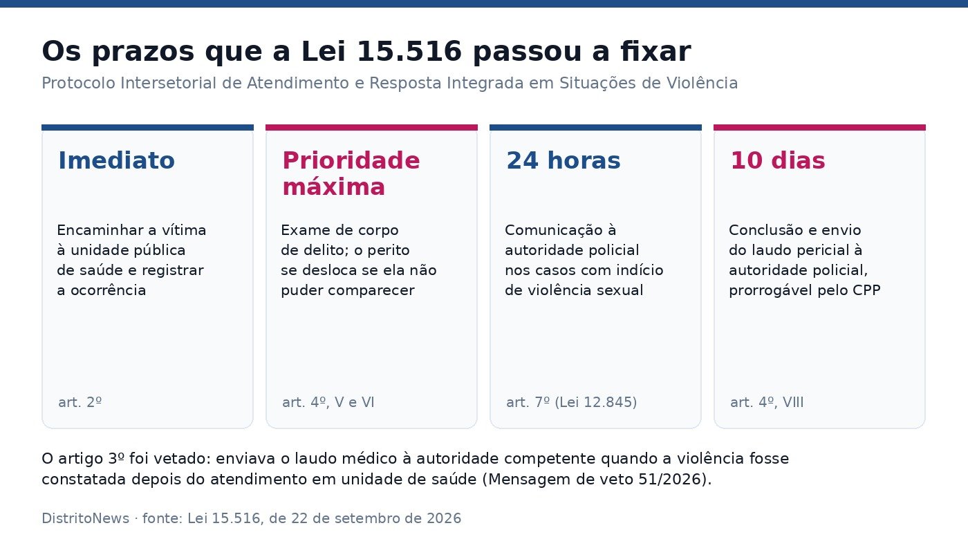 Quadro com os quatro prazos do protocolo: encaminhamento imediato à saúde, prioridade máxima no corpo de delito, aviso à polícia em 24 horas e laudo pericial em 10 dias