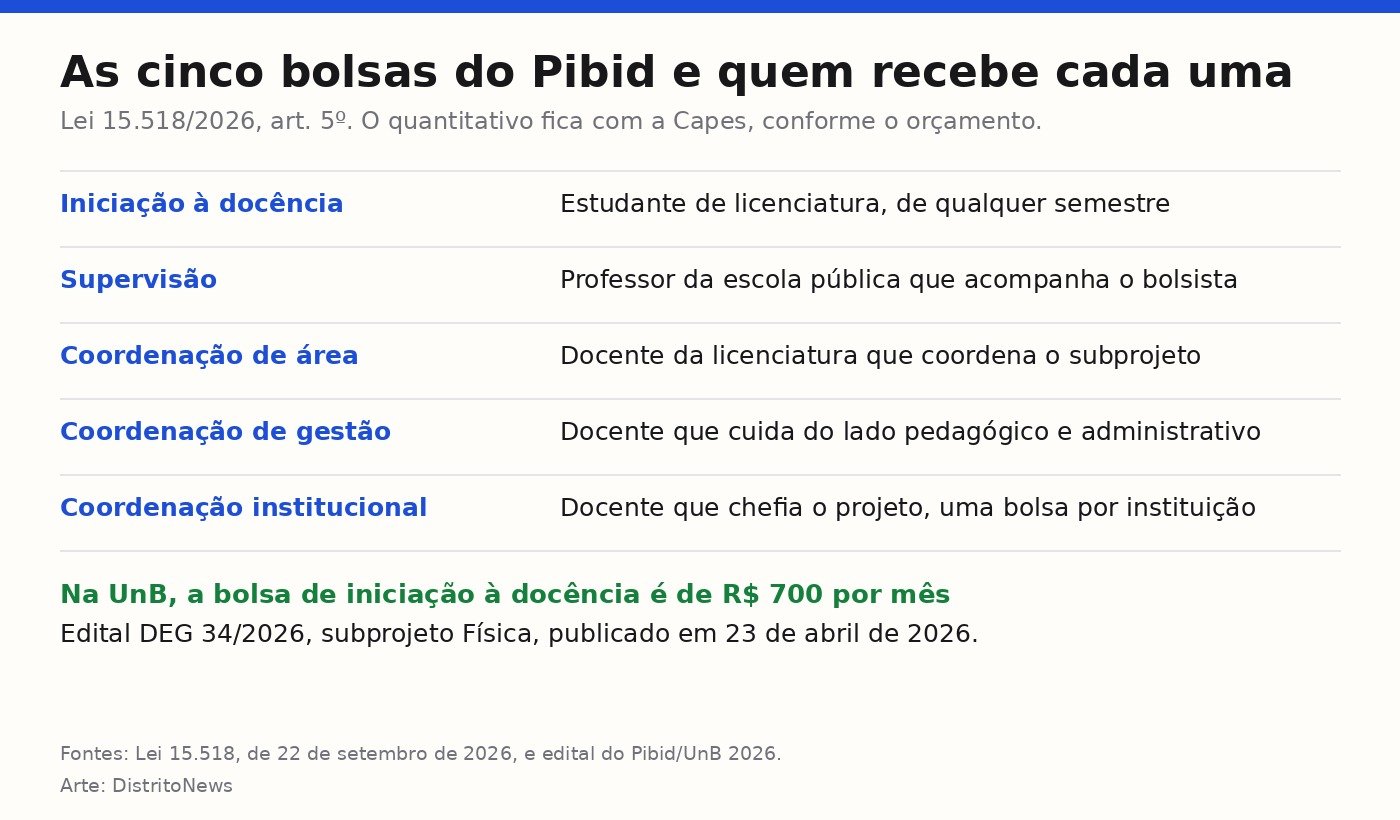 Quadro com as cinco modalidades de bolsa do Pibid e o público de cada uma