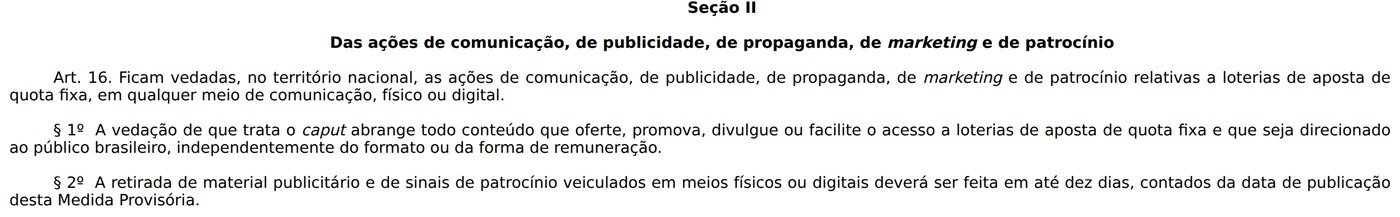 Trecho da Medida Provisória 1.394 no site do Planalto com o artigo 16, que veda patrocínio de apostas de quota fixa