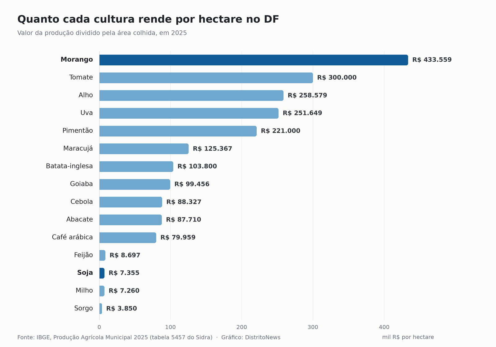 Gráfico de barras com o valor da produção por hectare das culturas do DF; morango lidera com R$ 433.559