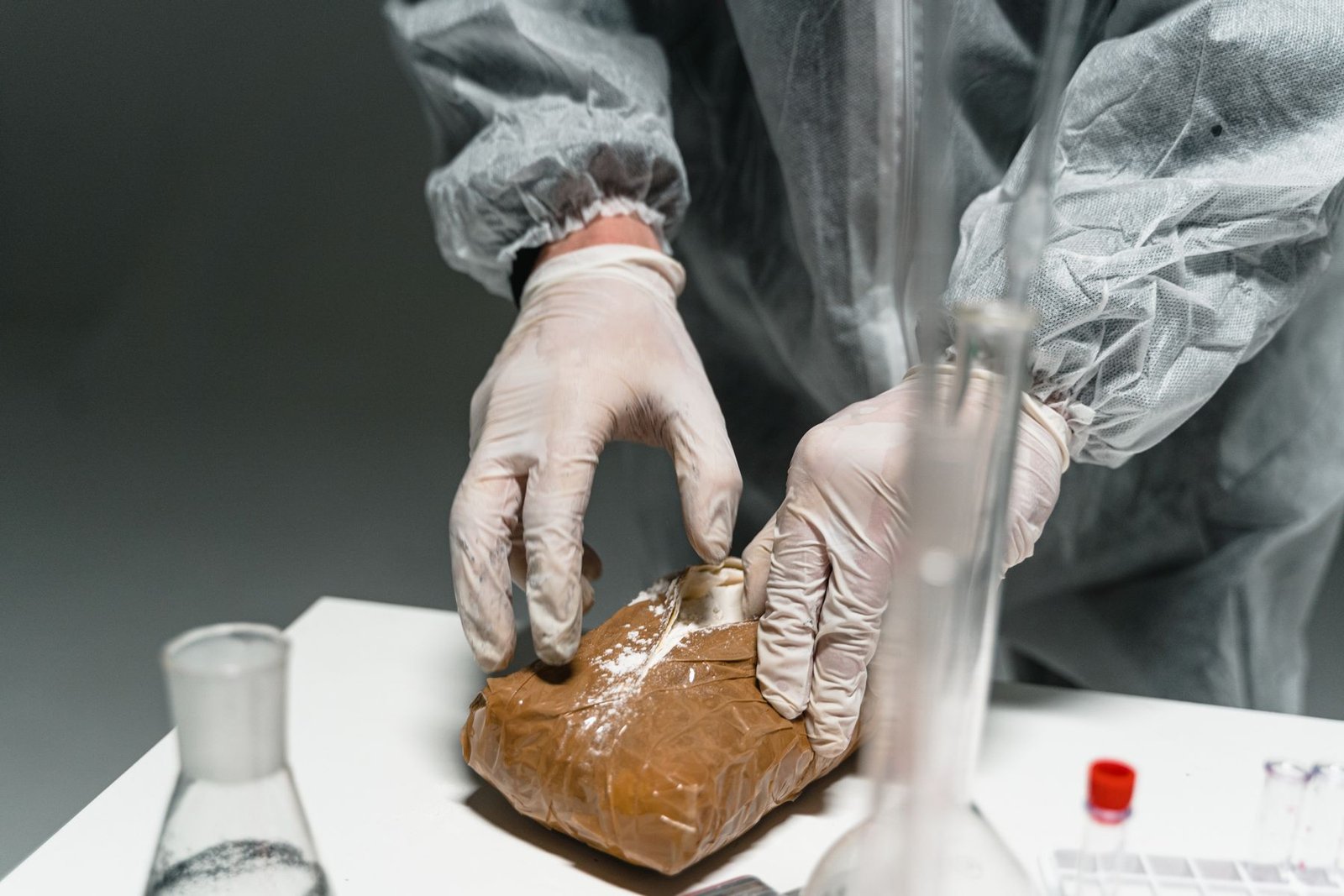 Perito de luvas analisa tablete de droga apreendida em laboratório