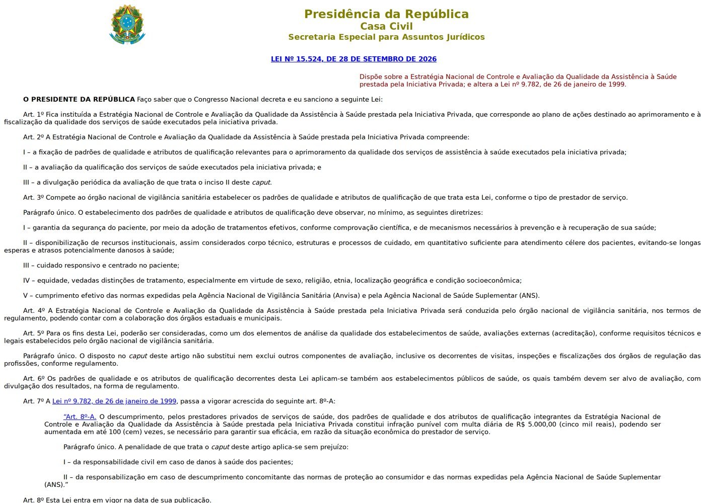 Página do Planalto com o texto integral da Lei 15.524, de 28 de setembro de 2026