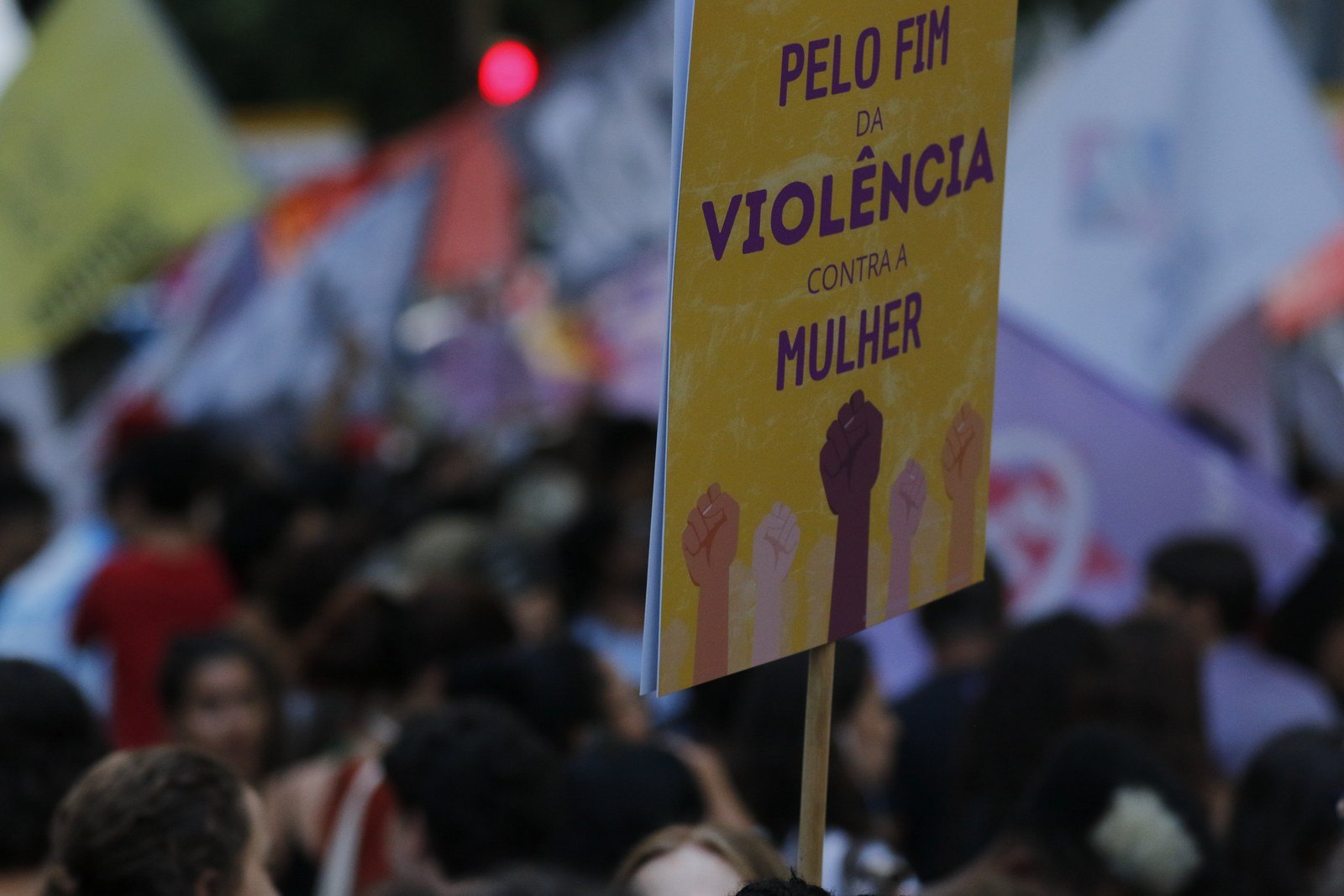 Cartaz com a frase Pelo fim da violencia contra a mulher erguido em passeata