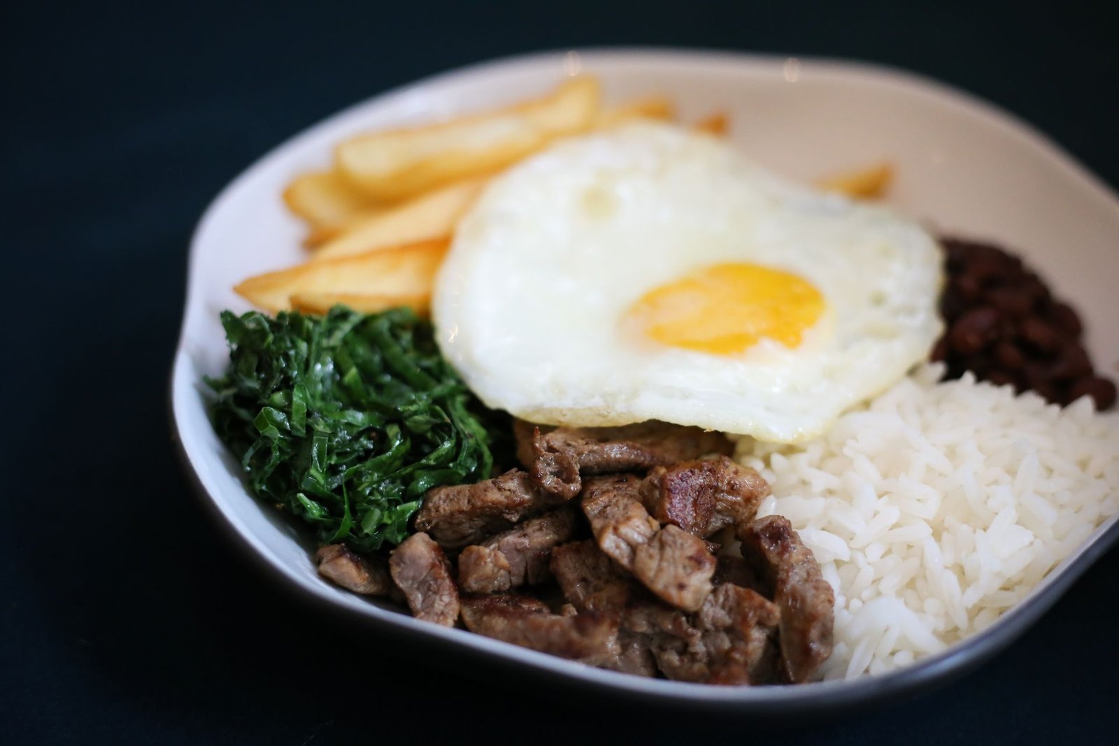 Prato com arroz, feijão, bife acebolado, couve refogada, batata frita e ovo frito, em foto ilustrativa de refeição popular.