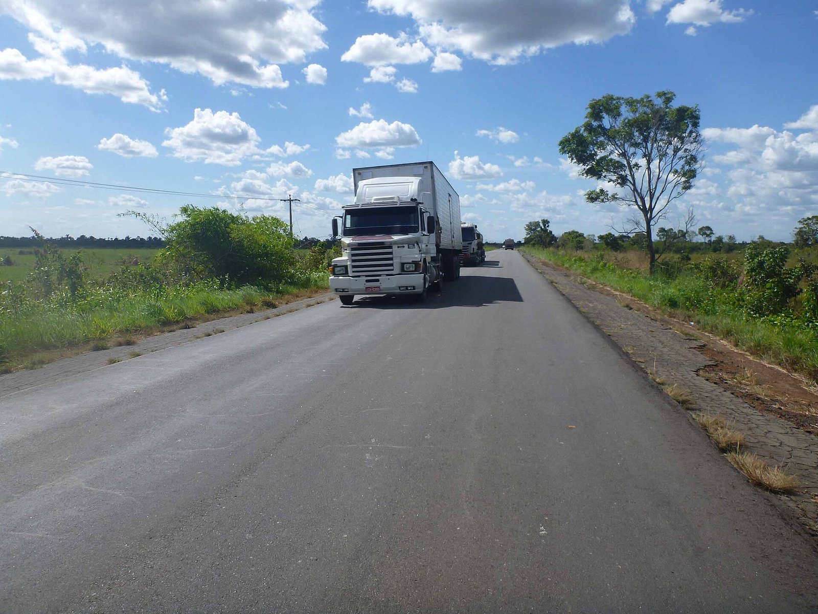 Caminhão baú trafega em rodovia de pista simples cercada por vegetação