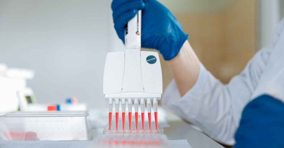 Profissional de laboratório usa micropipeta multicanal sobre placa de amostras