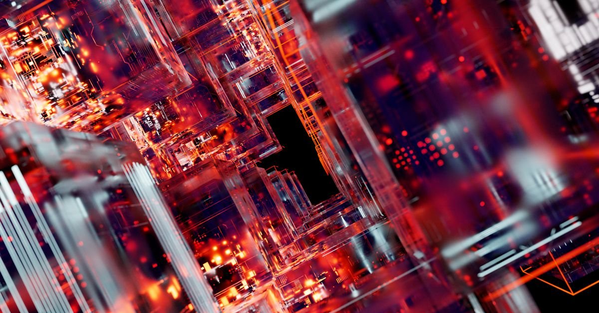 Composição abstrata de circuitos digitais iluminados em vermelho e azul